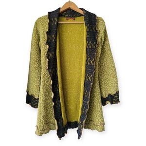 Vintage 90s Fairy Boho Grunge Wool Blend  Cardigan Lace Trim Green Black Small